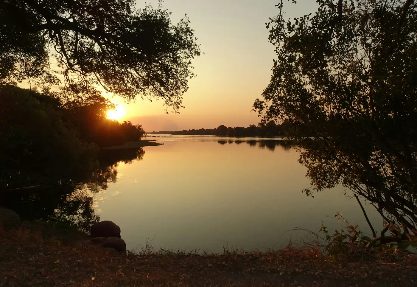 Calm water of the Kafue River ringed by riparian trees at golden hour, Zambia